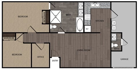 Floor plan for 2 beds, 1.5 baths, 1075 sqft